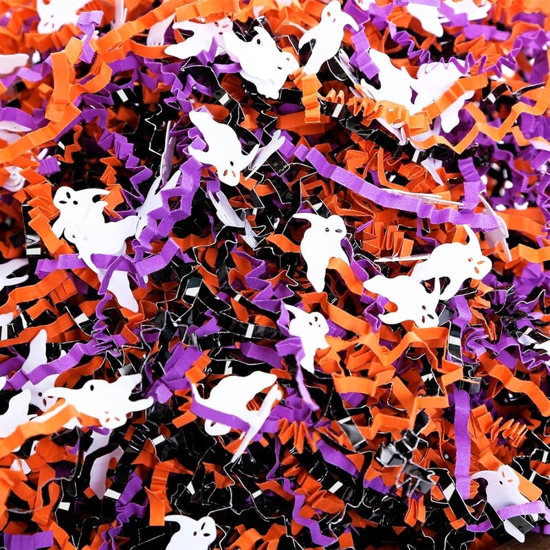 PAPER FAIR 1LB Halloween Metallic Black Orange Purple Crinkle Cut Paper with Ghost Confetti, Trick or Treat Candy Gift Basket Box Shredded Paper Raffia Filler, Craft Bedding Cushion, Birthday Party - Image 1